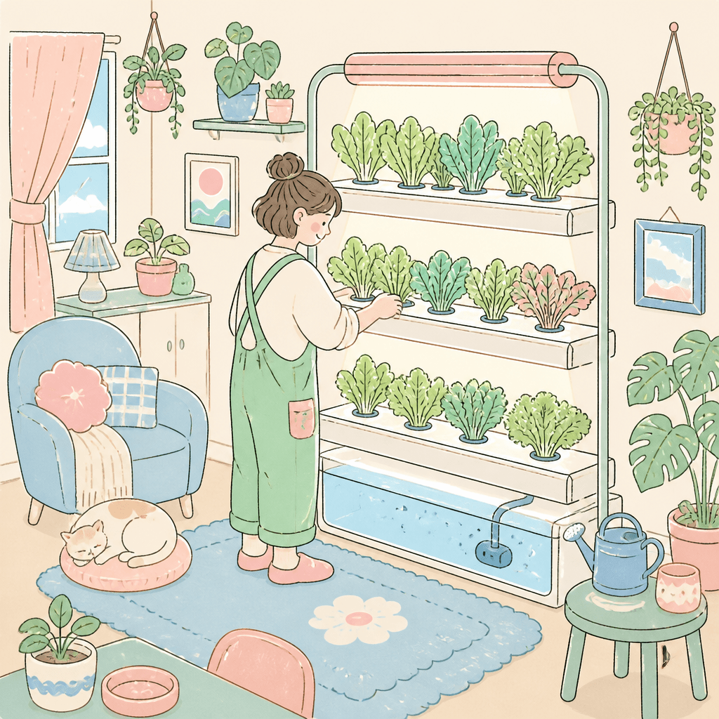 Person tending a home hydroponic shelf system in a living room